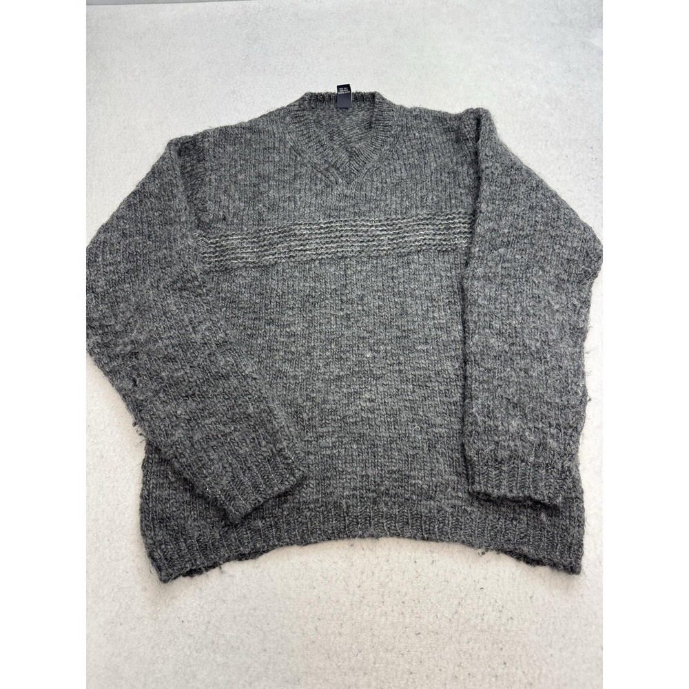 Gap Sweater Mens Large Gray 100% Wool V Neck Chunky Knit Pullover Winter Warm